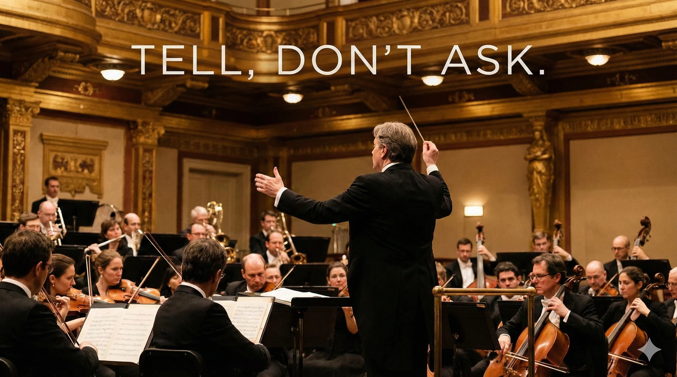 An orchestra conductor directing musicians, a metaphor for the 'Tell, Don't Ask' principle where a service tells objects what to do.