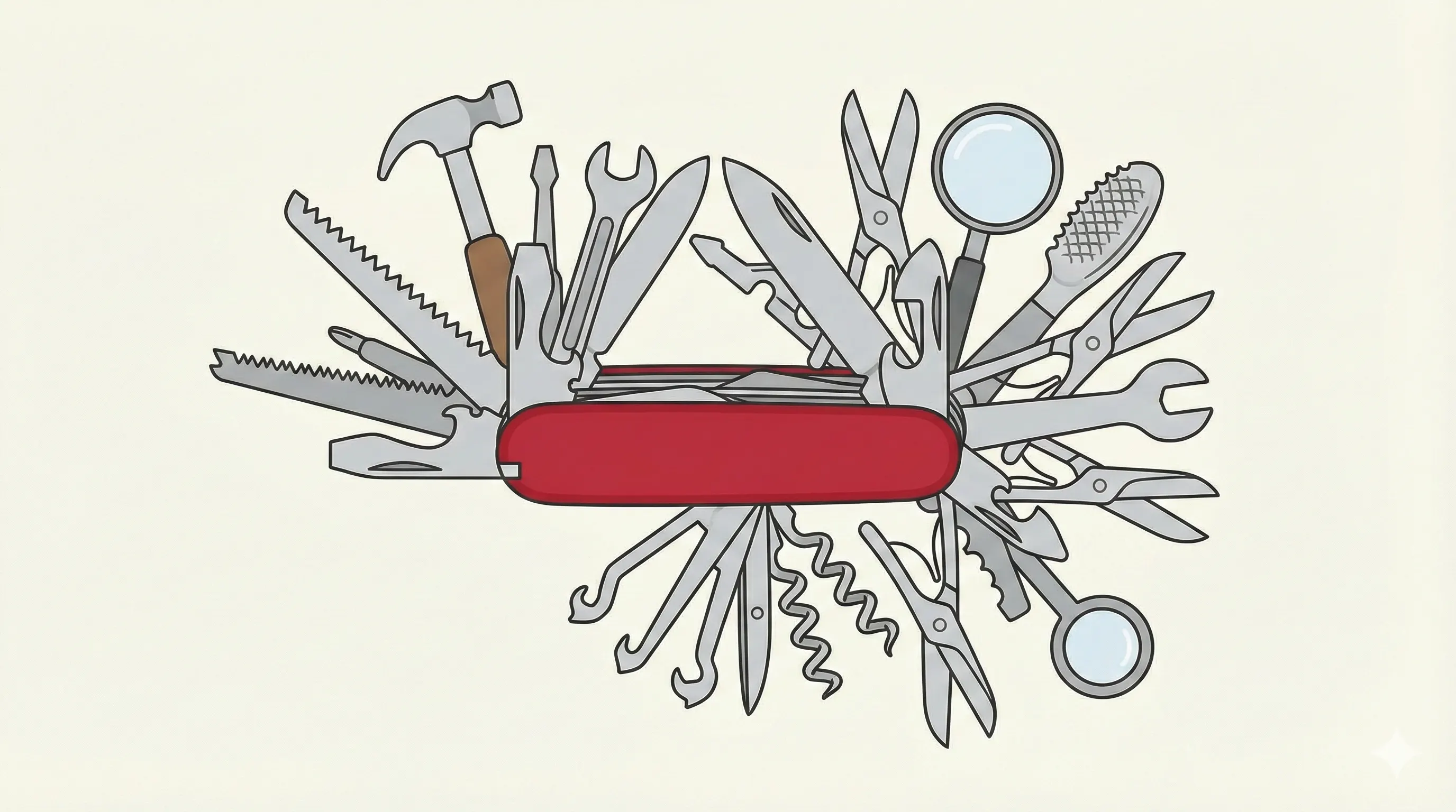 An illustration of a Swiss Army knife with an absurd number of impractical tools, representing the "generic hell" of over-engineered generic repositories.