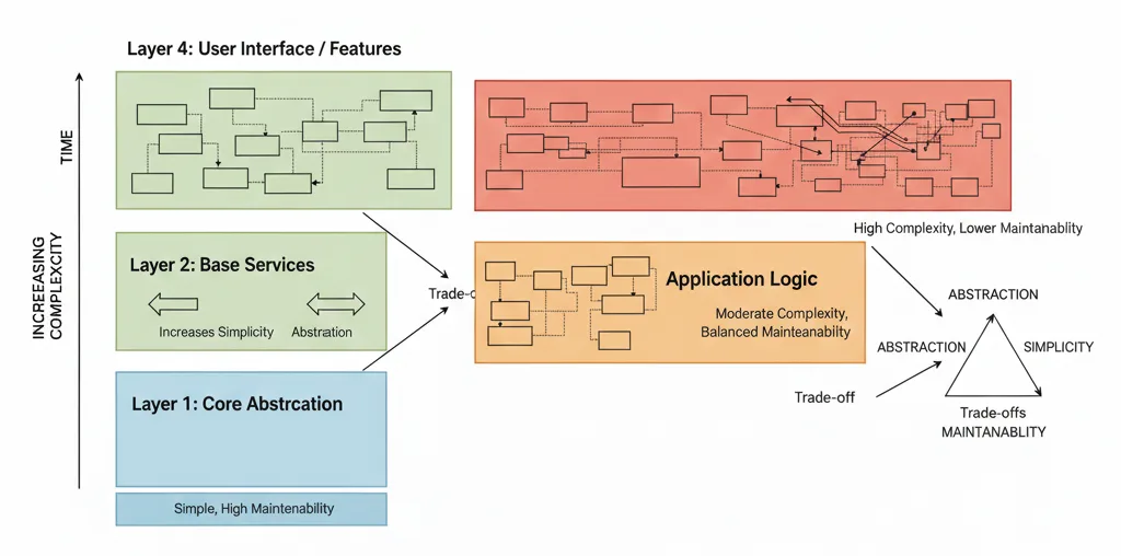 A minimal architectural diagram showing layers becoming more complex over time, with arrows highlighting trade-offs between abstraction, simplicity, and maintainability.
