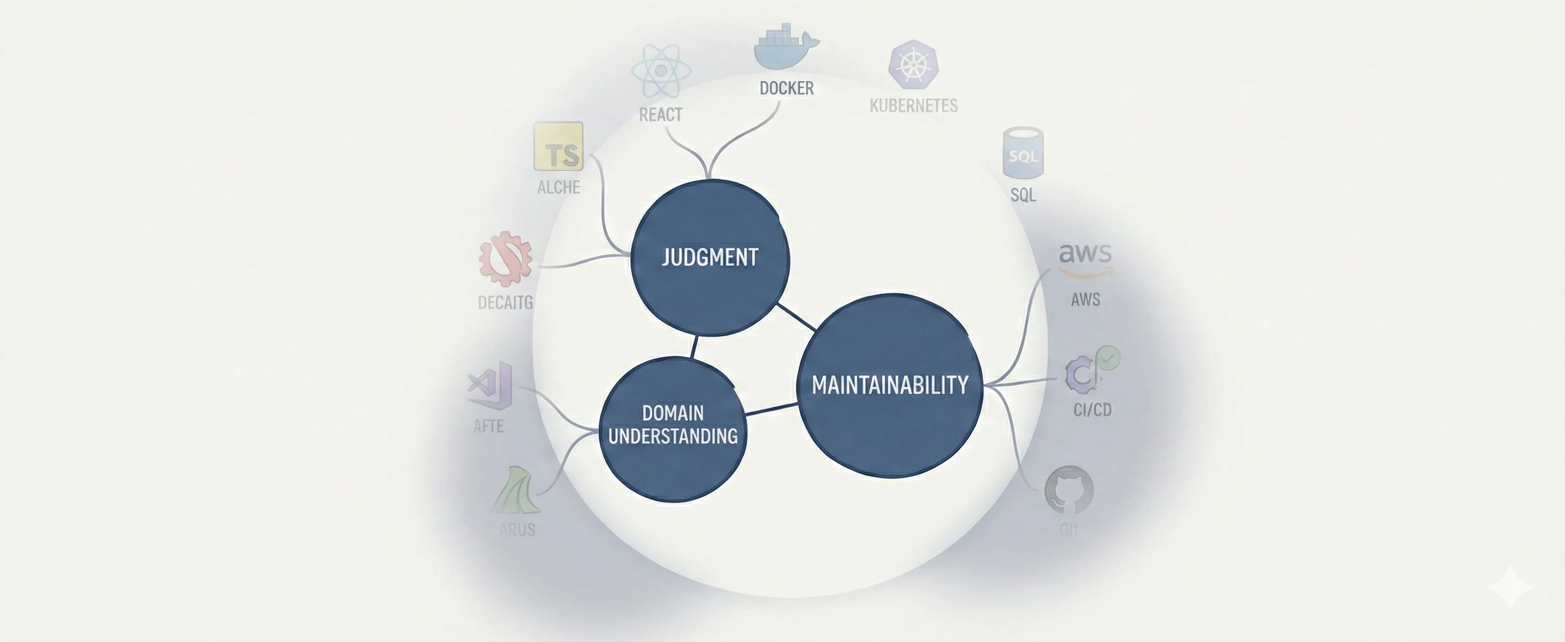 A minimal diagram showing tools and frameworks fading into the background while judgment, domain understanding, and maintainability remain central.
