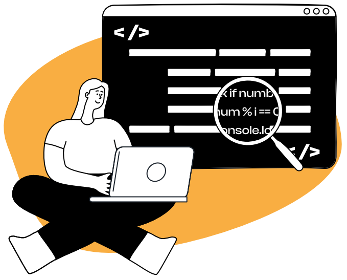 Illustration of developers collaborating during a code review to share knowledge and improve quality
