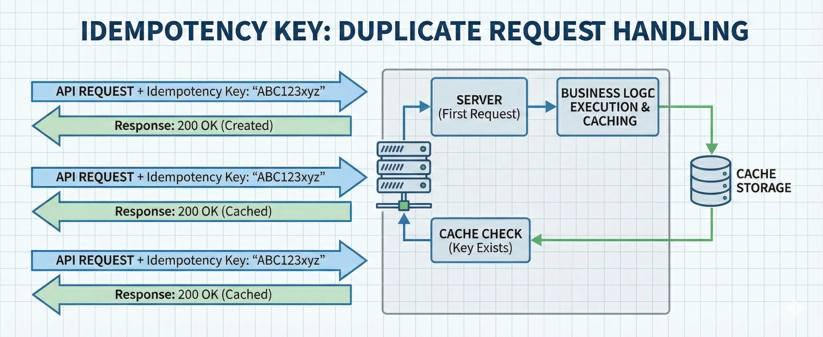 A diagram showing multiple identical API requests with the same idempotency key, where only the first executes business logic while duplicates return cached responses.

