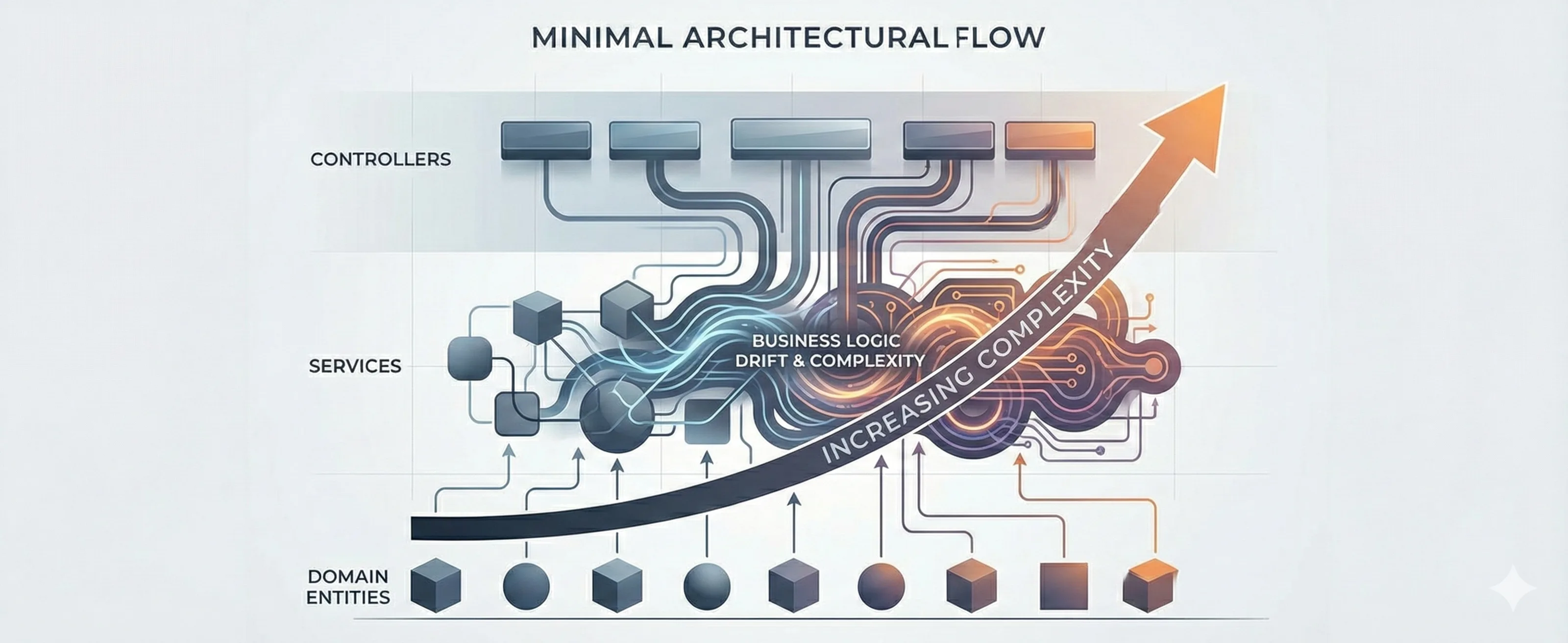 A minimal architectural diagram showing controllers, services, and domain entities, with business logic drifting upward into services and increasing complexity.
